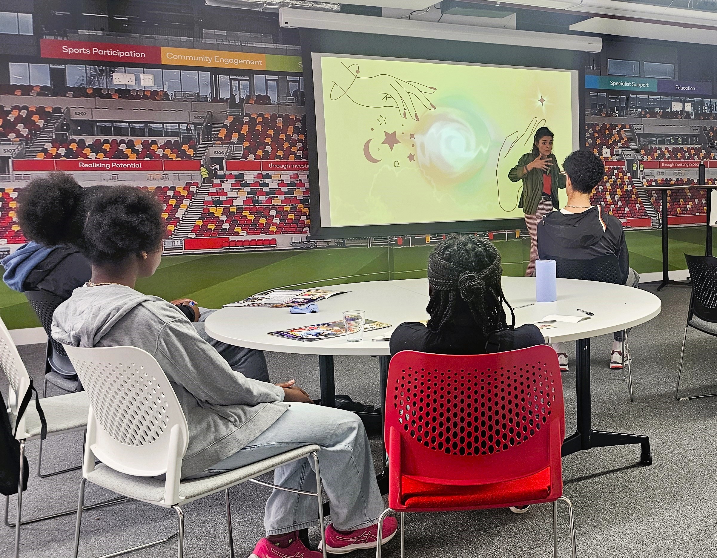 Health-building event presentation with audience